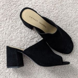 Black suede slip-on block heels